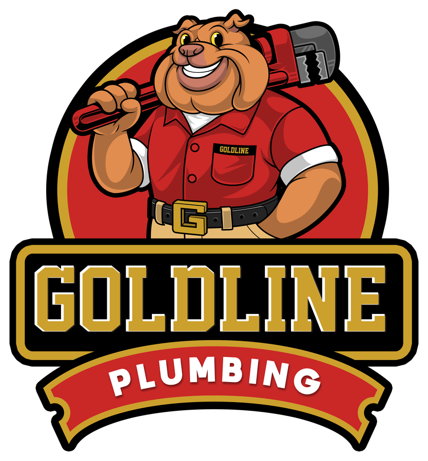 Goldline Plumbing bulldog mascot holding a pipe wrench