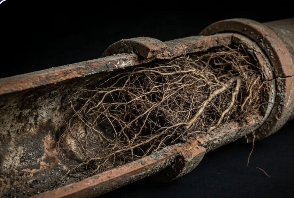 Old sewer pipe cut open revealing a dense mass of tree roots clogging the line
