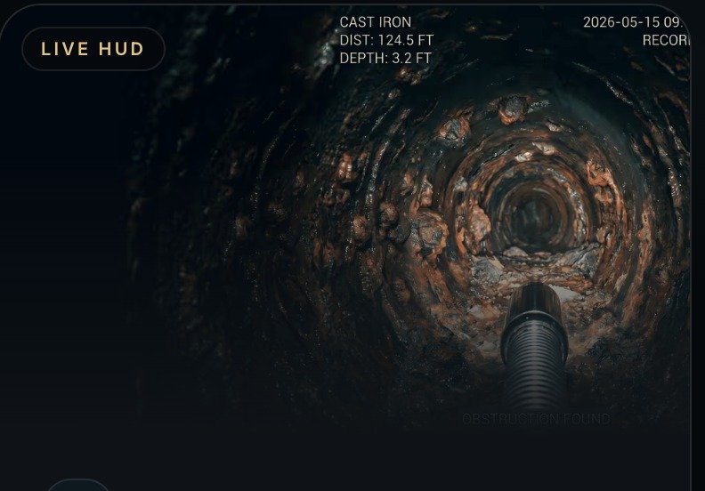 HD sewer camera inspection showing pipe condition and obstruction depth on screen