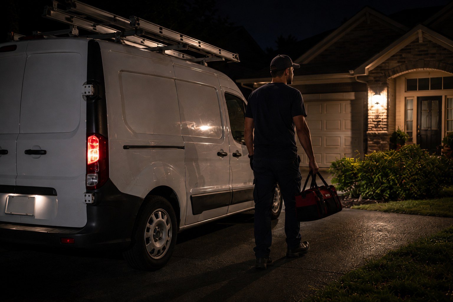 Plumber arriving at a home at night for a 24/7 emergency call