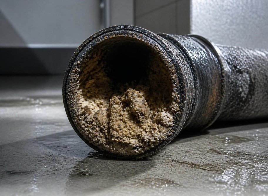 Sewer pipe interior packed with hardened grease and sludge buildup
