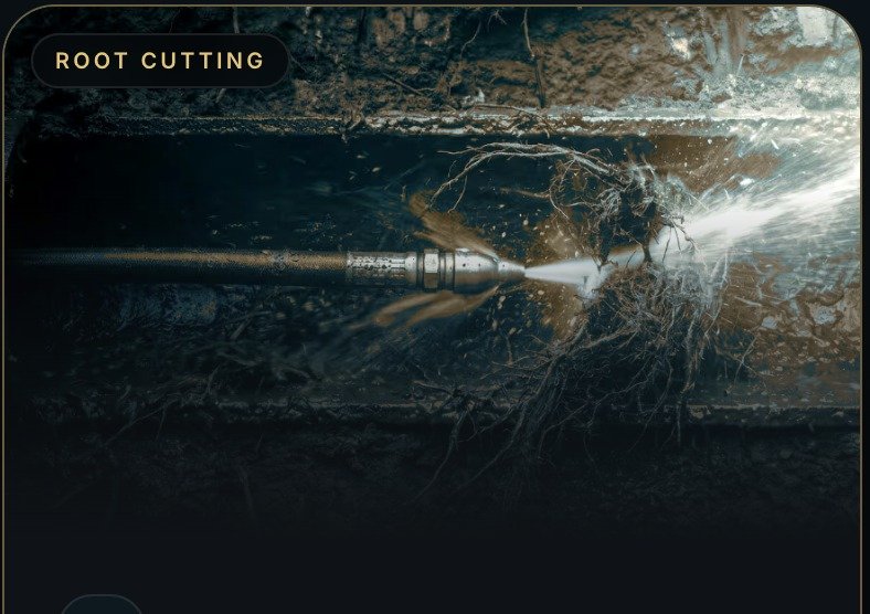 Precision root cutting removing invasive tree roots from a sewer pipe