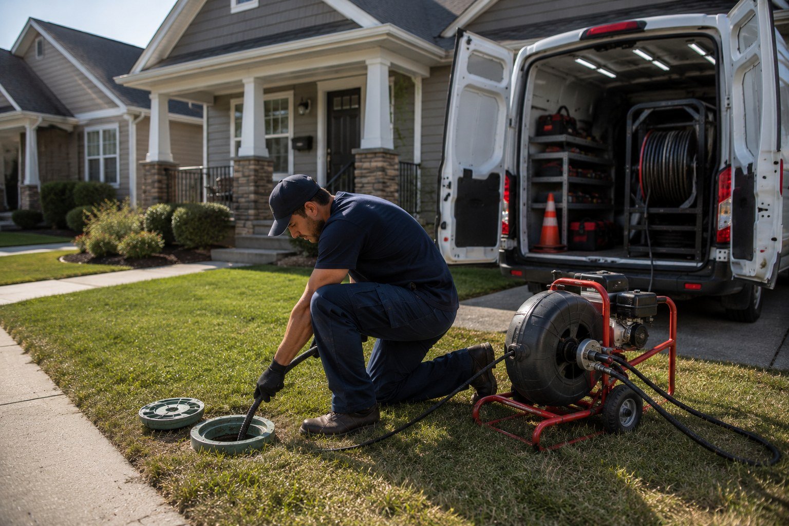 Plumber running a sewer line cleaning machine in a residential yard