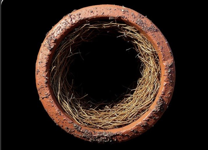 Clay sewer pipe interior fully ringed with root mat buildup