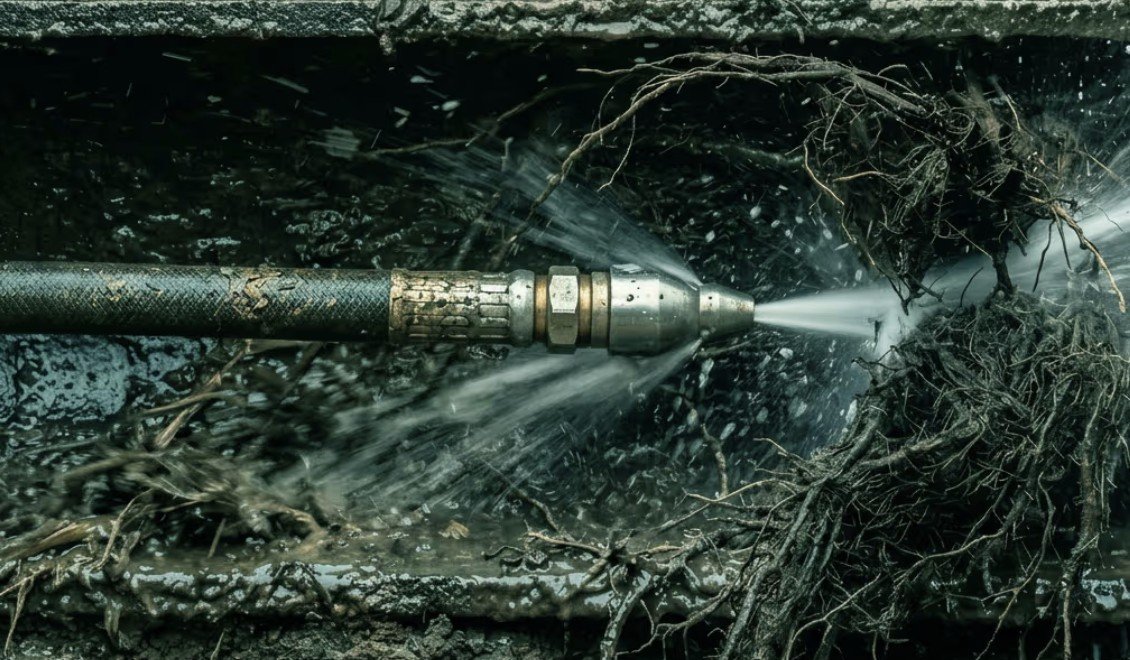 Hydro jetting nozzle clearing a root-clogged pipe