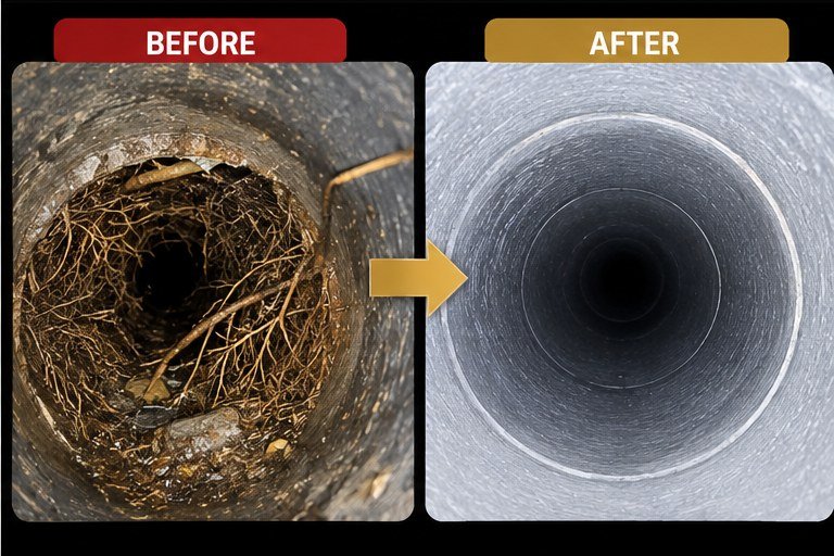Before and after sewer camera view showing root intrusion cleared to a fully clean pipe