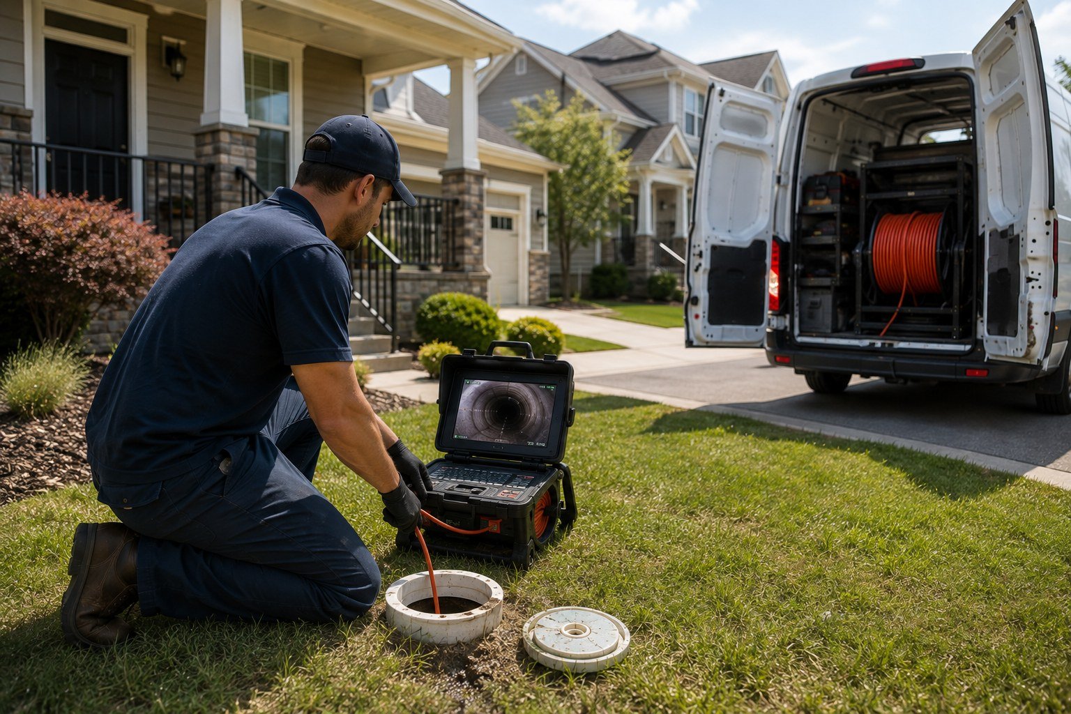 Plumber running a sewer camera inspection from a service van for a presale sewer scope
